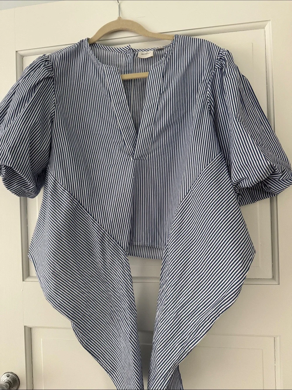 Anthropologie Blue and White Striped Tie-Front Puff Sleeve Blouse